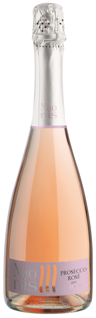 Una bottiglia di spumante rosato con tappo argentato e un'etichetta con la scritta 