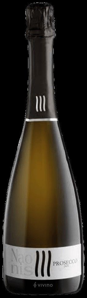 Bottiglia di spumante Prosecco con etichetta bianca e tappo nero.