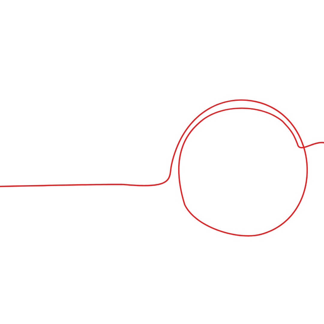 Disegno con linea rossa di una lente rotonda per occhiali.