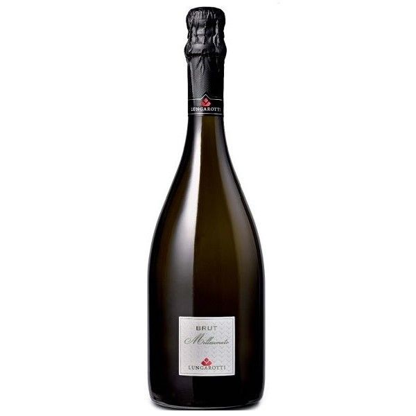 Bottiglia di spumante M.Lissoni Brut con etichetta bianca, bottiglia scura e stagnola nera.
