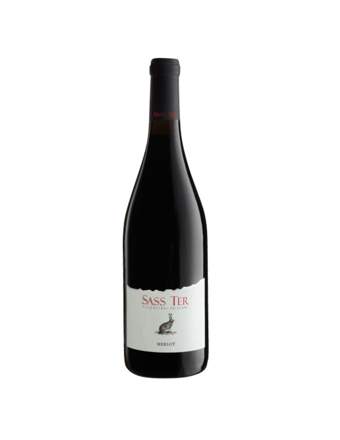 Bottiglia di vino Sass Ter con etichetta bianca e illustrazione di un coniglio.