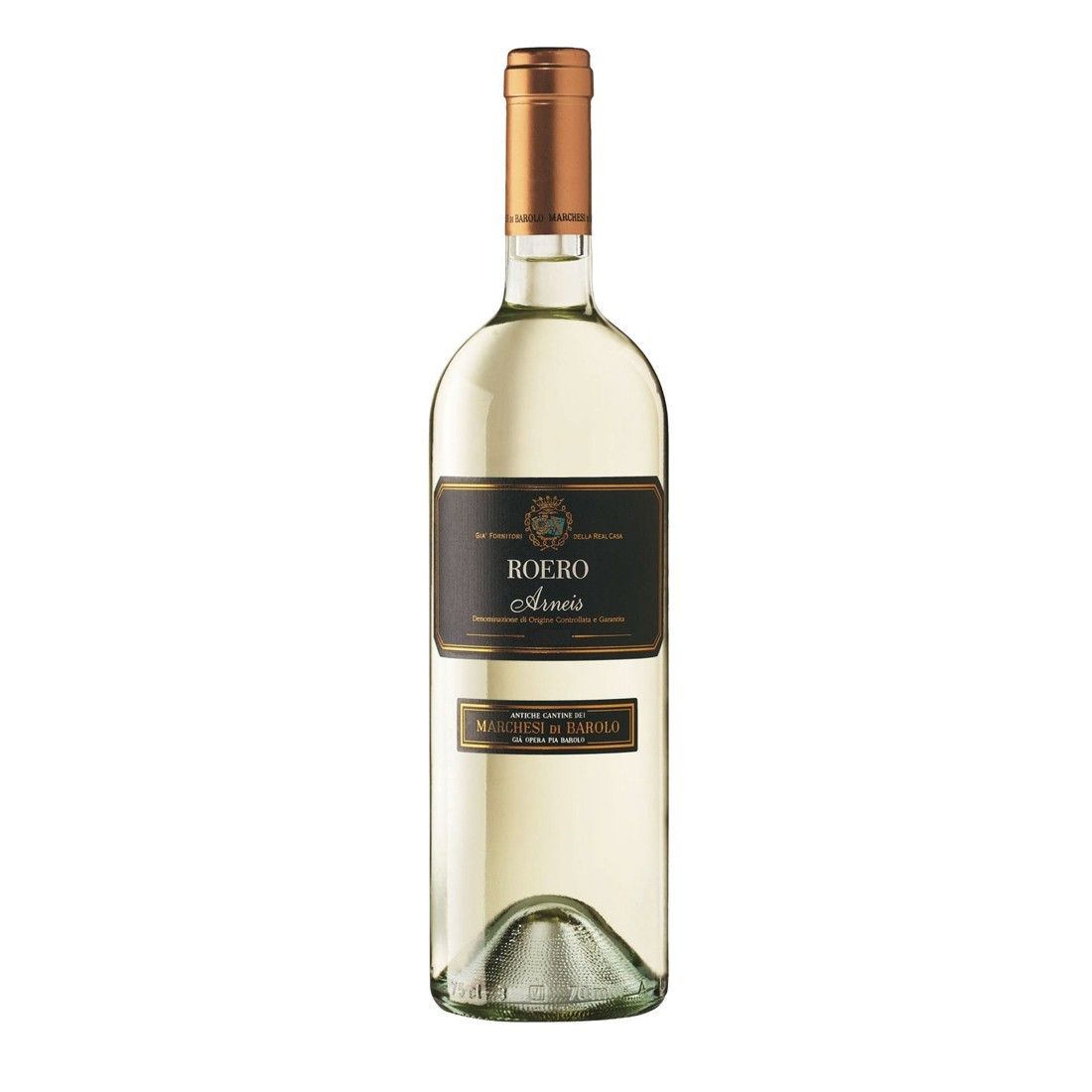 Bottiglia di vino bianco, con etichetta nera e dettagli dorati, in posizione verticale.