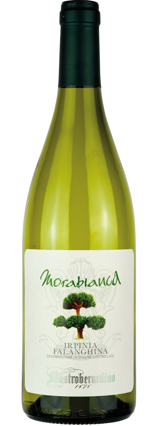 Bottiglia di vino bianco Morablanca con tappo verde ed etichetta bianca, immagine di un albero.