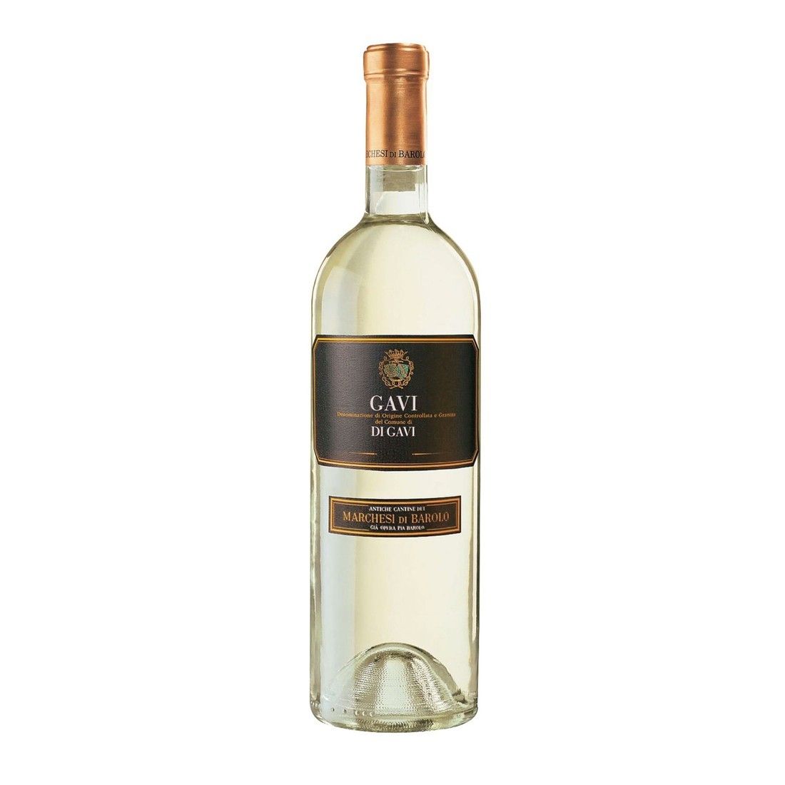 Bottiglia di vino bianco Gavi, vetro trasparente, etichetta nera e oro, tappo in rame.