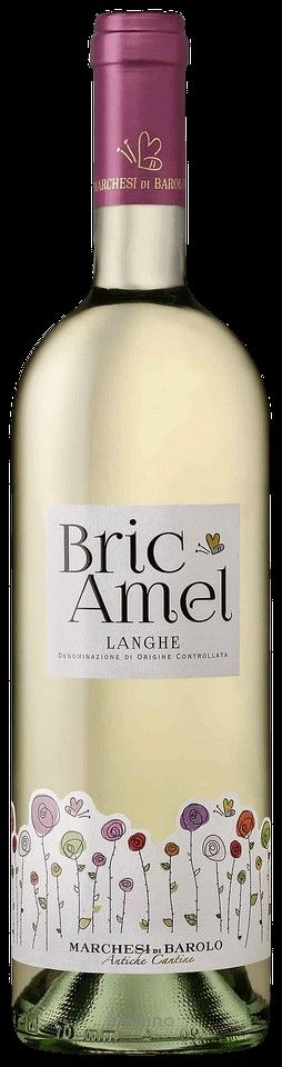 Bottiglia di vino bianco Bric Amel con etichetta decorata con motivi floreali.