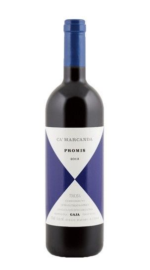 Bottiglia di vino rosso con etichetta blu e bianca.