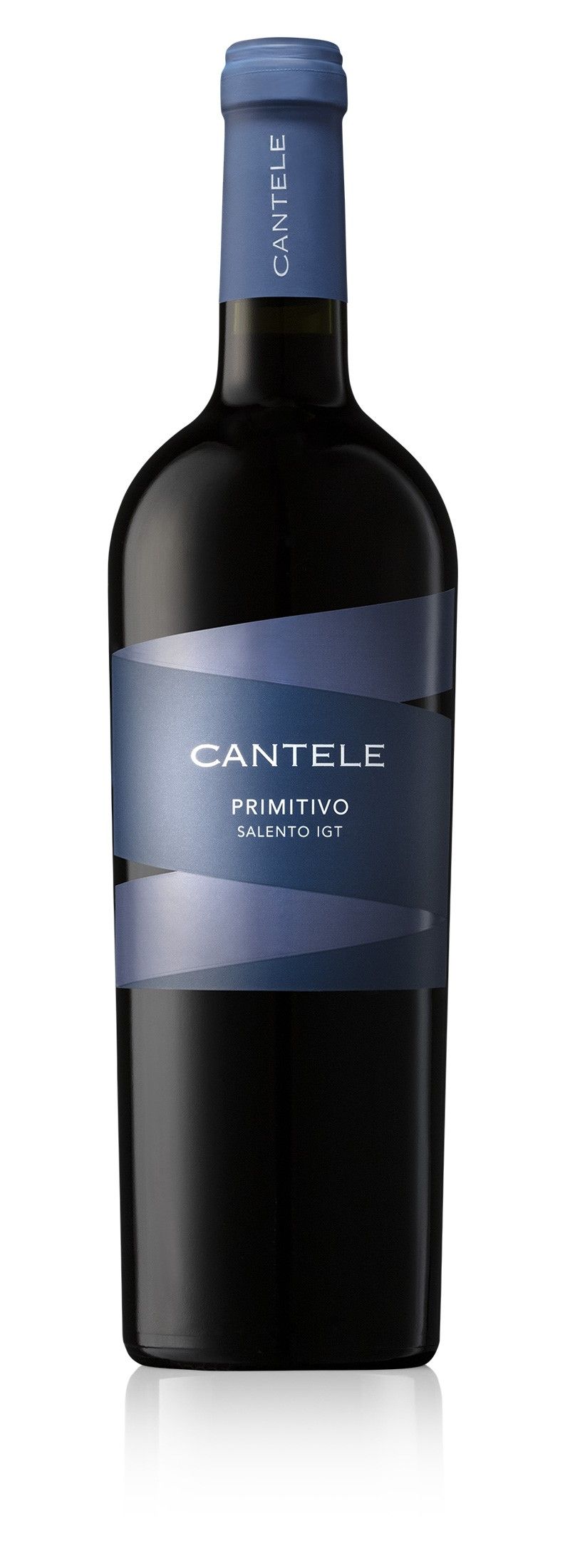 Bottiglia di vino rosso scuro con etichetta blu e capsula blu. La marca è 