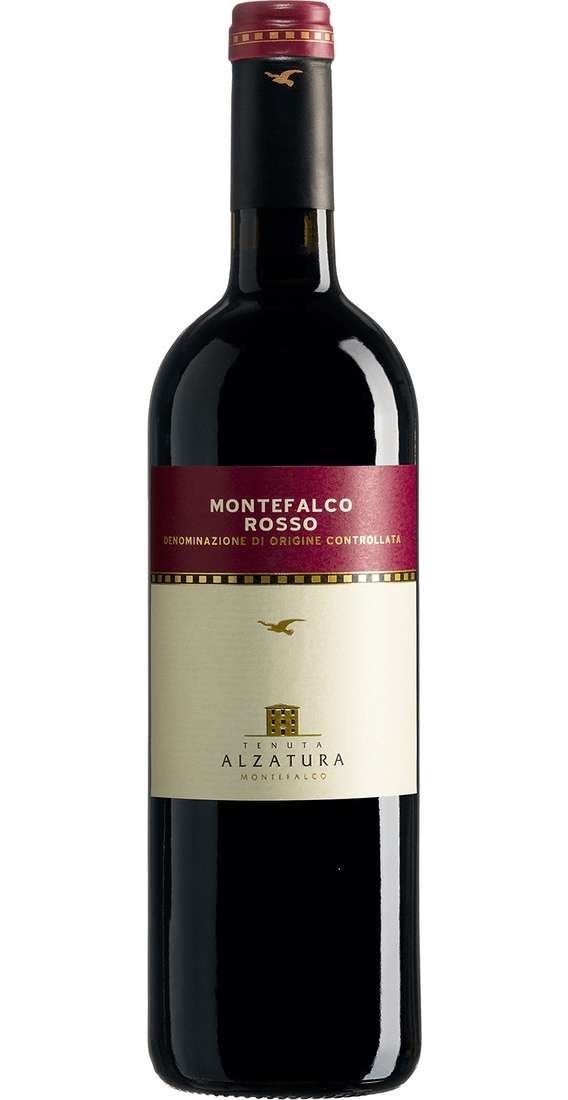 Bottiglia di vino rosso Montefalco Rosso con etichetta marrone e bianca su sfondo scuro.