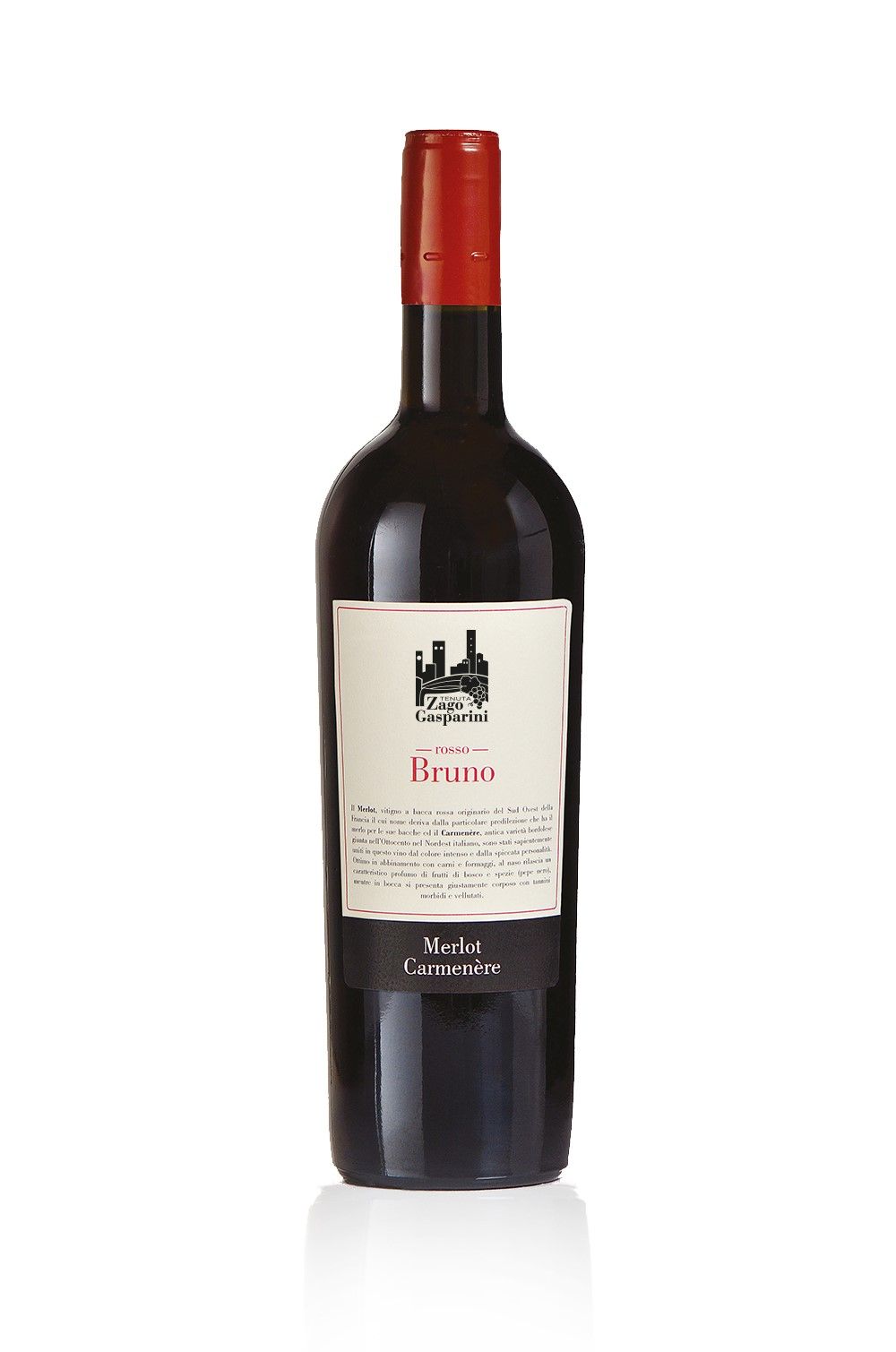 Bottiglia di vino rosso con tappo ed etichetta rossi.