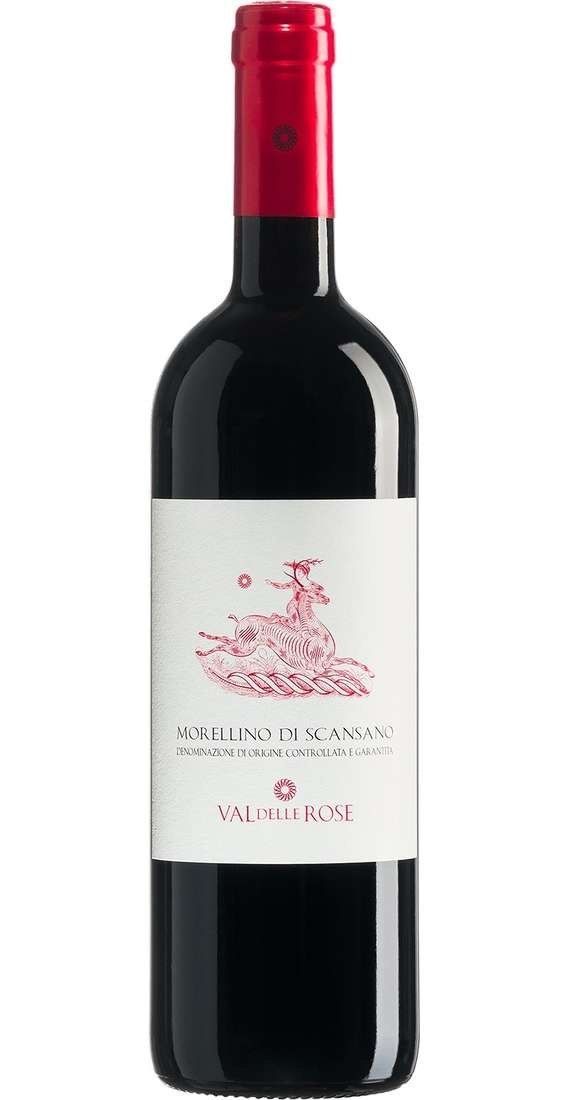 Bottiglia di vino rosso con etichetta bianca e tappo rosso.