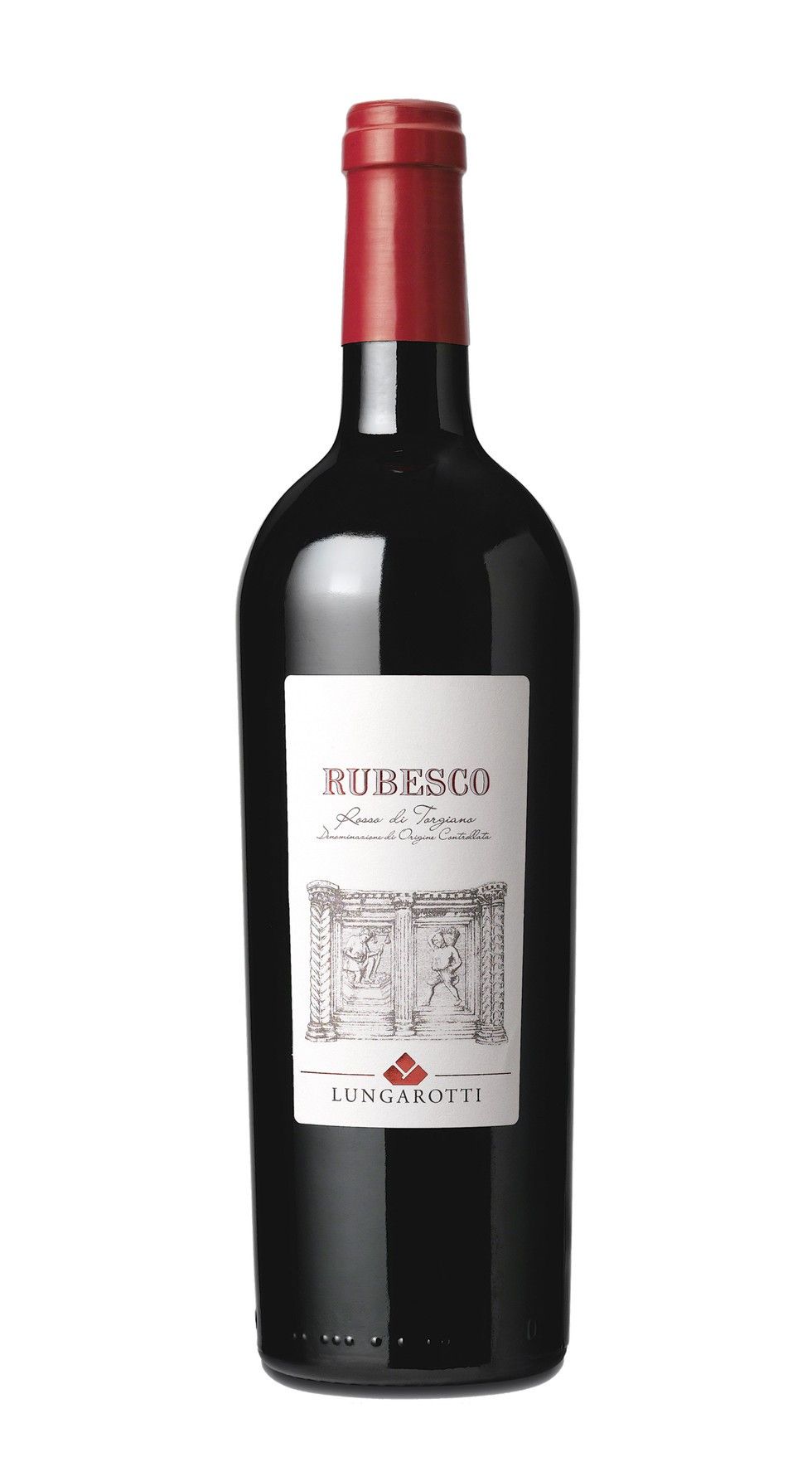 Bottiglia di vino rosso con etichetta bianca e tappo rosso.