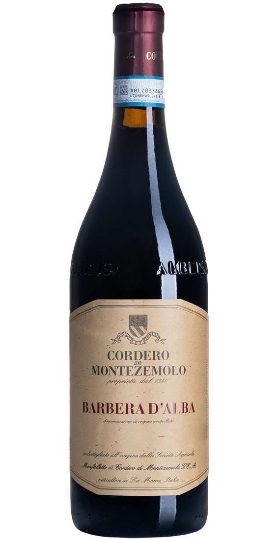 Bottiglia di vino rosso Barbera d'Alba Cordero di Montezemolo con etichetta marrone.