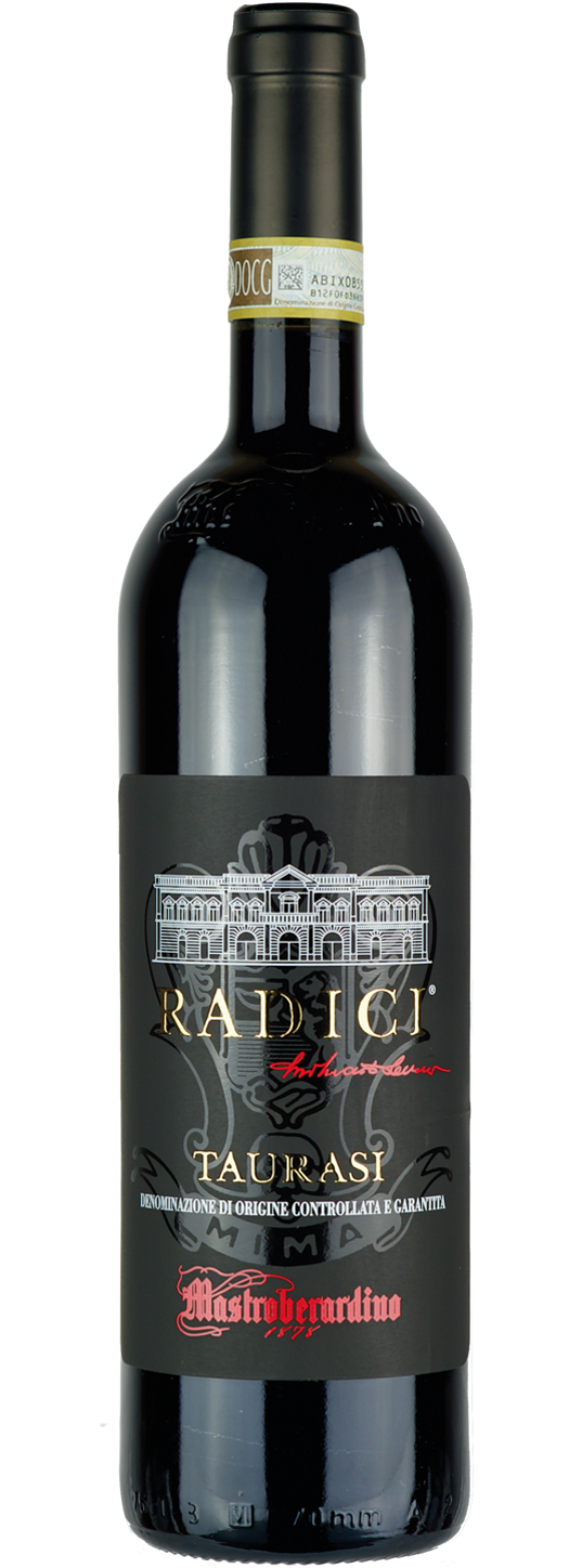 Bottiglia di vino rosso con etichetta nera, grafica bianca di un edificio e testo dorato.