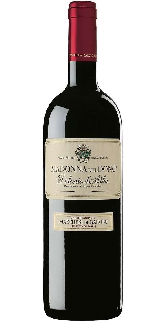 Bottiglia di vino rosso con etichetta rosso scuro e tappo rosso, dettagli dell'etichetta del vino visibili.