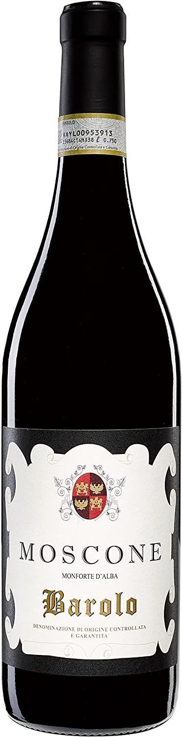 Bottiglia di vino Moscane Barolo. Bottiglia nera con etichetta bianca, motivo ornamentale, dettagli rossi e testo.
