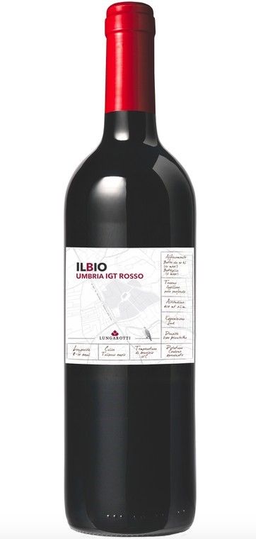 Bottiglia di vino con tappo ed etichetta rossi. L'etichetta presenta un testo e una mappa.