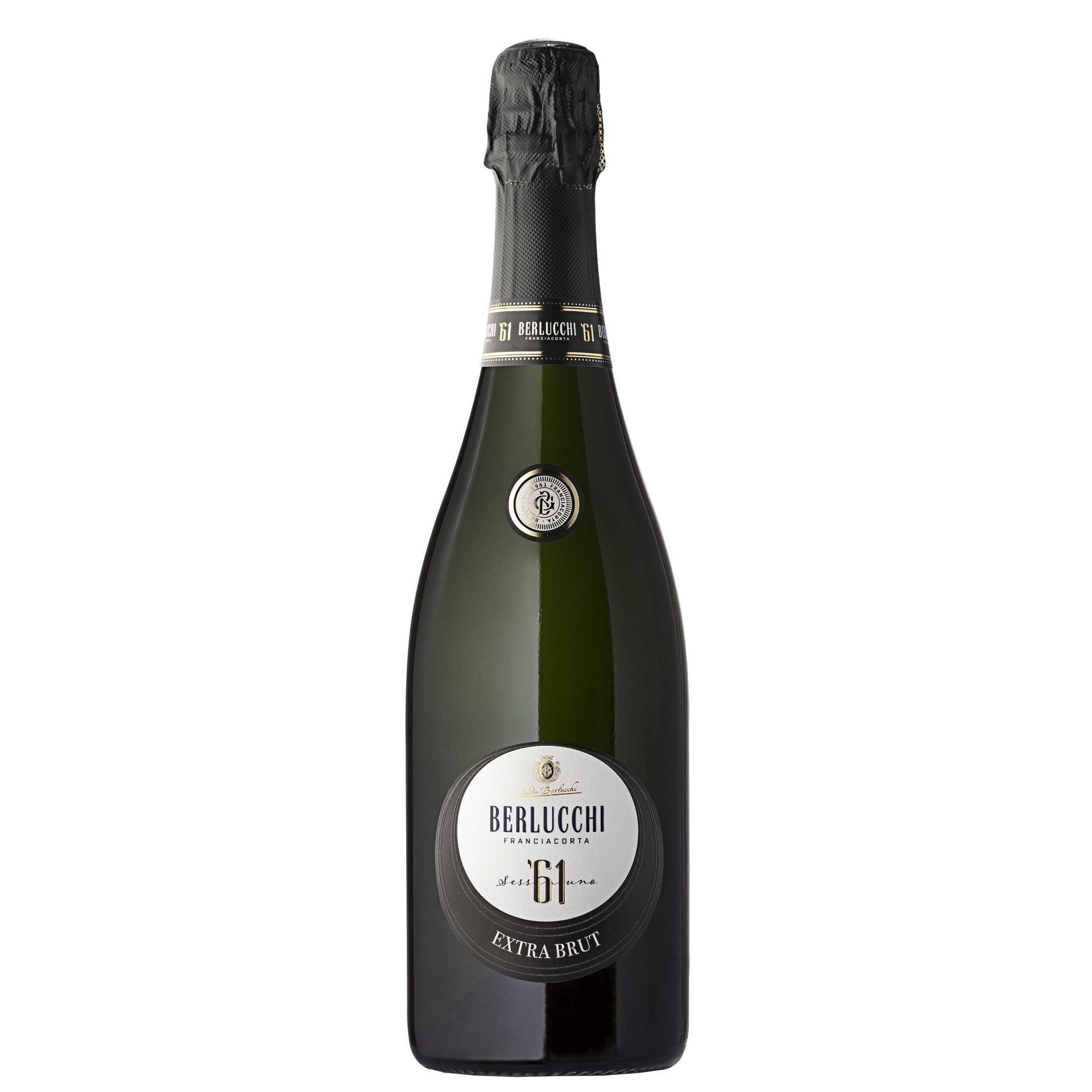 Bottiglia di spumante Reflucci 61, bottiglia verde scuro con etichetta bianca e nera.