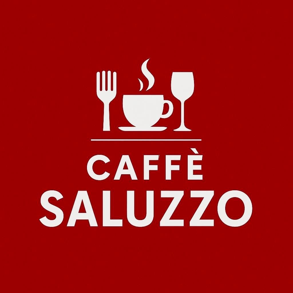 Logo per Caffè Saluzzo: icone di forchetta bianca, tazza da caffè, bicchiere da vino sopra la scritta “CAFFÈ SALUZZO” su sfondo rosso.