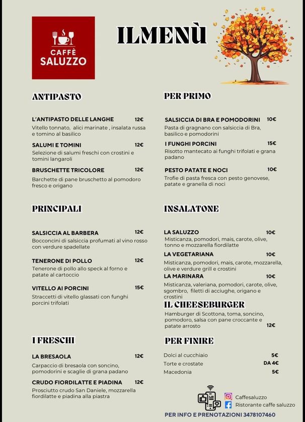 Menu board of a restaurant, with sections for antipasti, primi, secondi, insalatone, i freschi, and dolci.