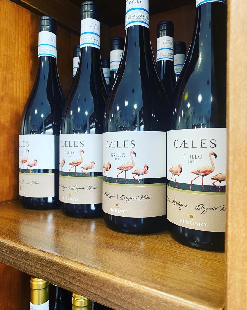 Bottiglie di vino su uno scaffale di legno; etichette bianche con illustrazioni di fenicotteri.