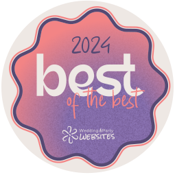 Purple-pink award badge reading “2024 best of the best” with WeddingWire and The Knot logos