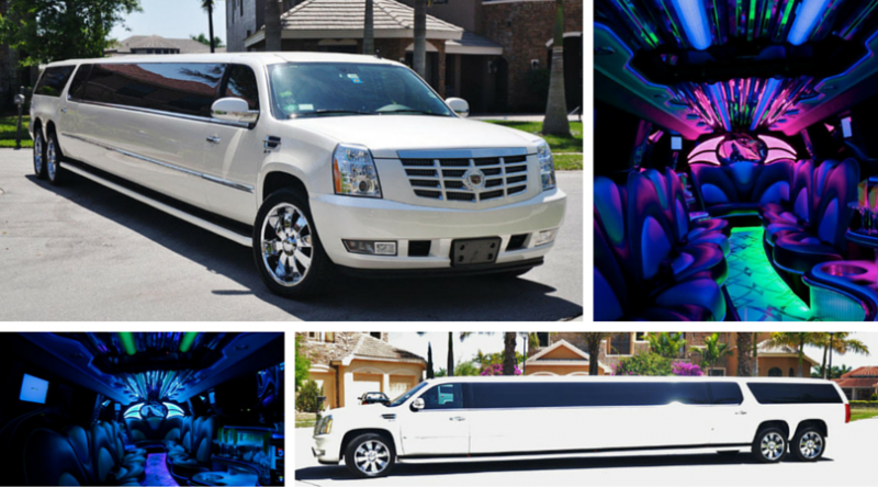 White stretch limousine with blue neon interior lights, shown in multiple exterior and interior views.
