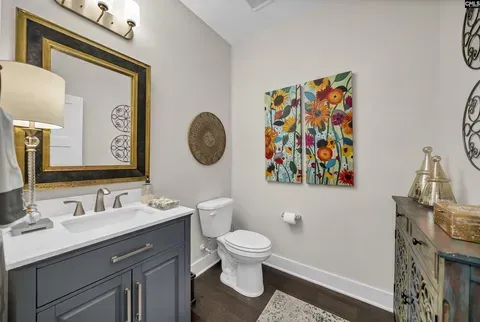 Small bathroom with gray vanity, toilet, wall art, and colorful floral painting