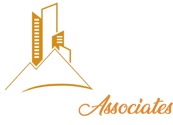 Gold abstract buildings and arc over the word &ldquo;Associates&rdquo; on a white background