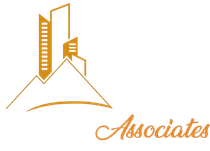 Gold abstract buildings and arc over the word &ldquo;Associates&rdquo; on a white background