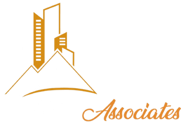 Gold abstract buildings and arc over the word &ldquo;Associates&rdquo; on a white background