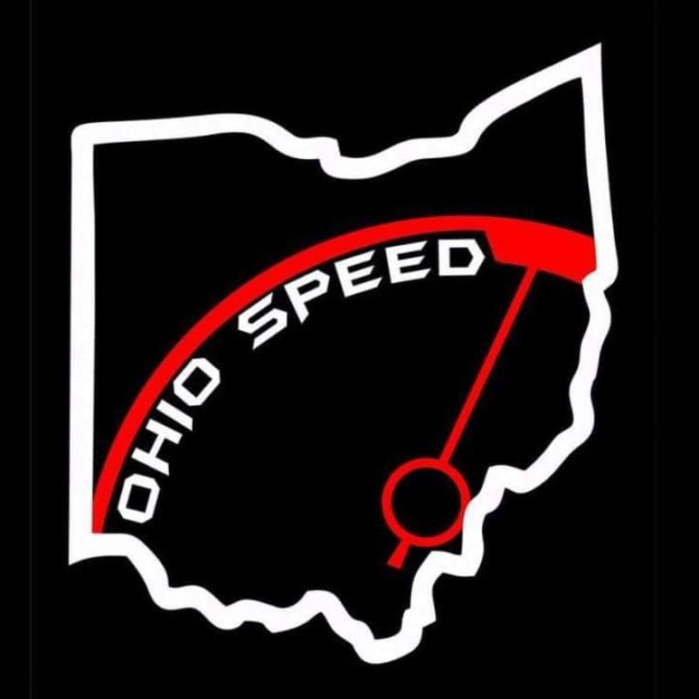 A logo for ohio speed with a speedometer in the middle