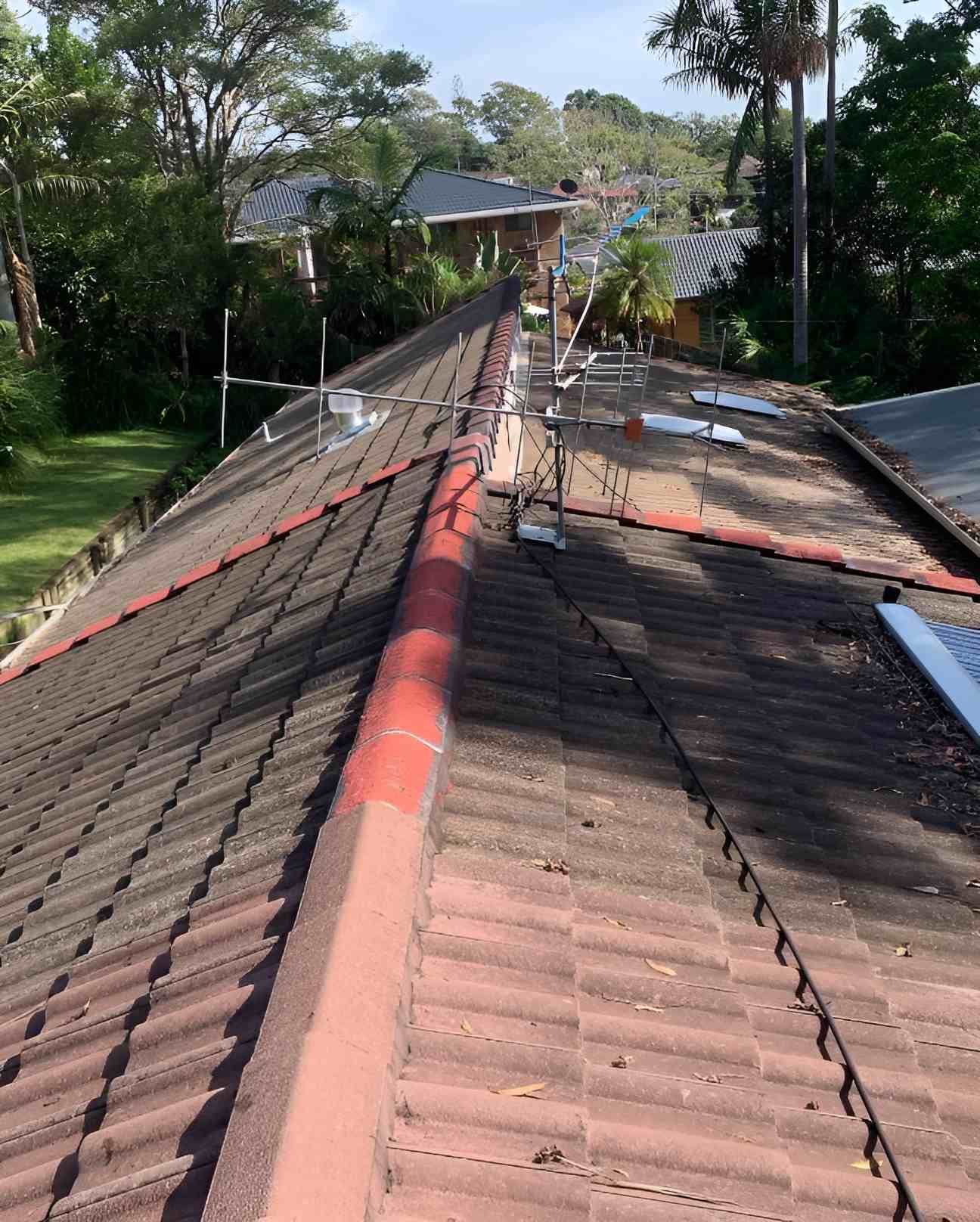 A Roof With a Red Gutter and a Few Trees in the Background — Holster Painting Contractors In Port Macquarie, NSW
