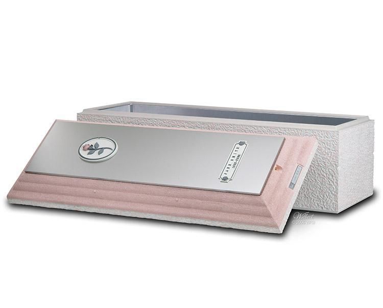 A stainless steel casket with a pink wooden frame is sitting on a white surface.