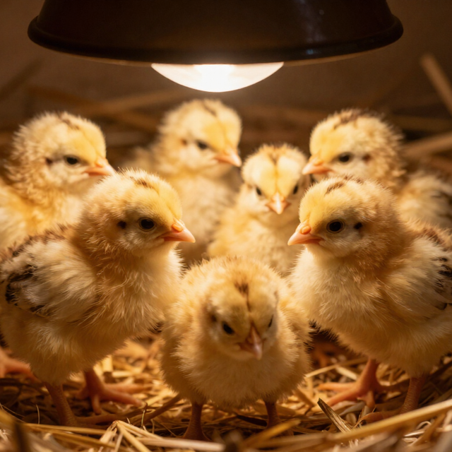 Chicks huddled under a warm lamp in straw bedding