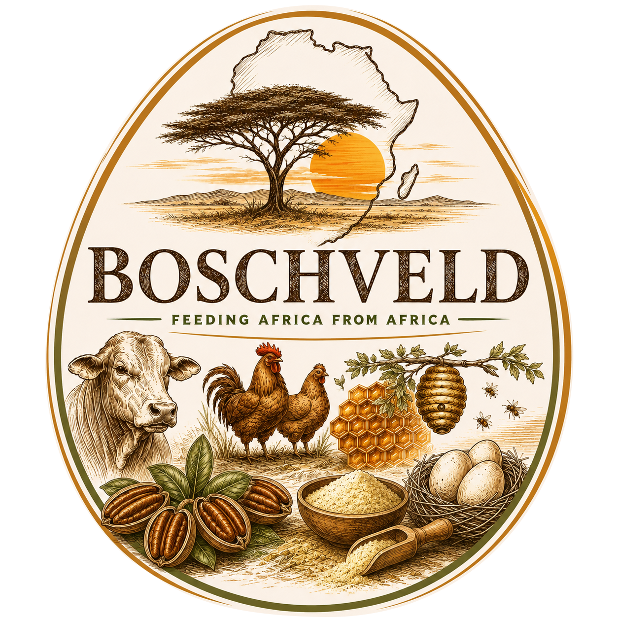 Boschveld logo with acacia tree, African wildlife, crops, grains, and the slogan “Feeding Africa from Africa.”