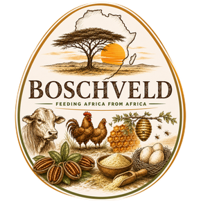 Boschveld logo with acacia tree, African wildlife, crops, grains, and the slogan “Feeding Africa from Africa.”