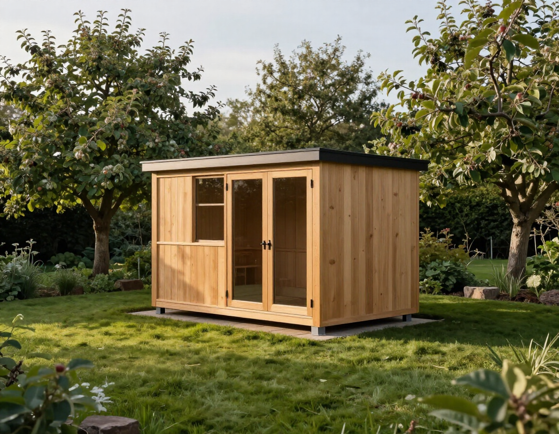 Module habitable posé dans un jardin normand