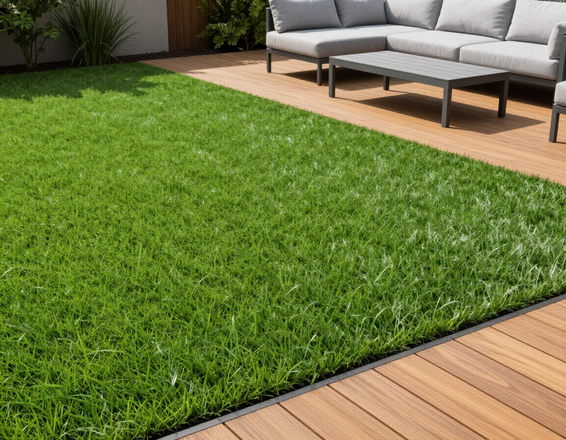 Gazon synthétique haute densité devant une terrasse composite