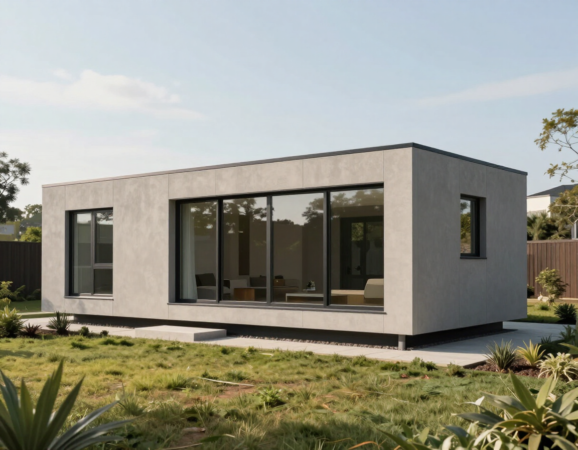 Module 75 m² en situation dans un jardin