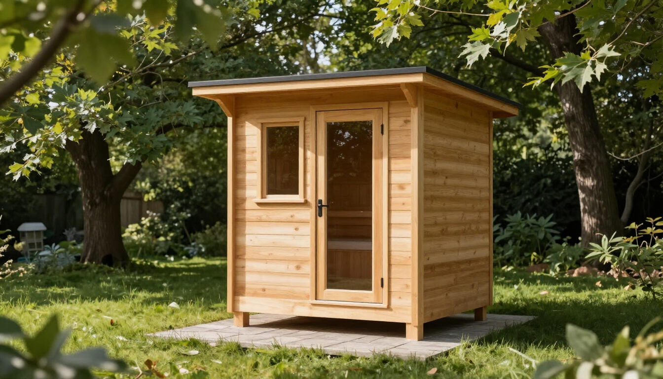 Sauna en bois extérieur installé dans un jardin, lumière naturelle