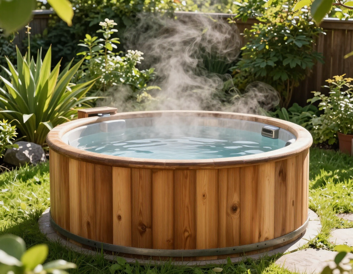 Spa bain nordique en bois dans un jardin verdoyant