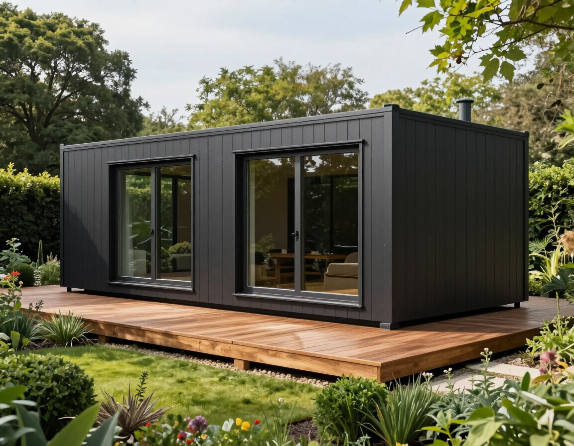 Module habitable 6×3 m en situation extérieure dans un jardin