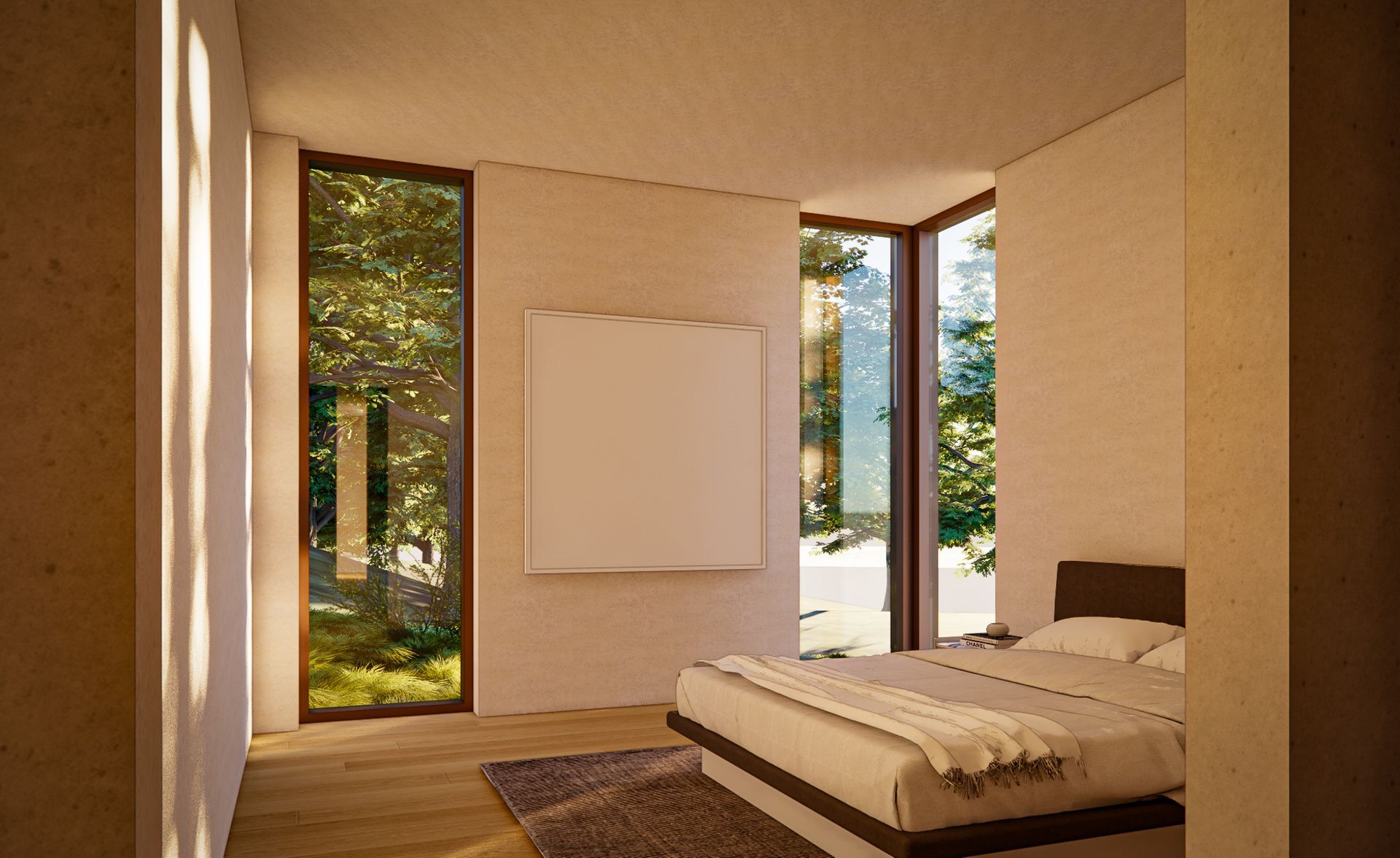 Bedroom with floor-to-ceiling windows looking out to the trees
