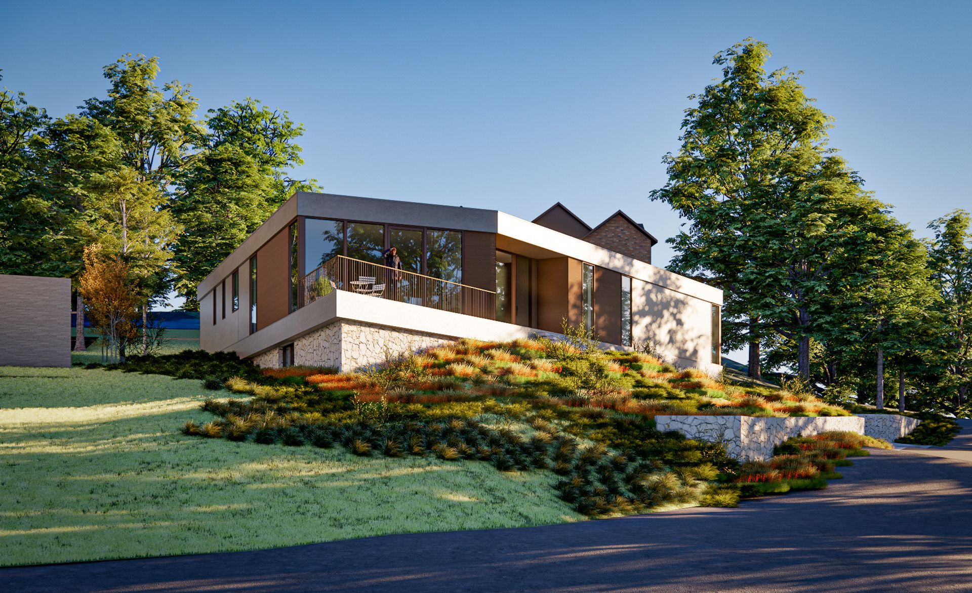 Modern home with a cantilevered upper level and terraced plantings on a wooded hillside