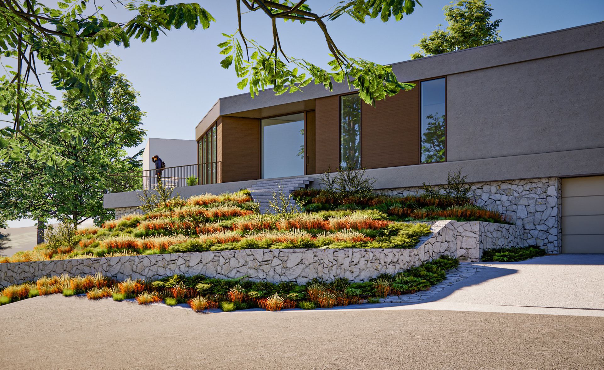 Terraced stone walls and native plantings below the home's upper level