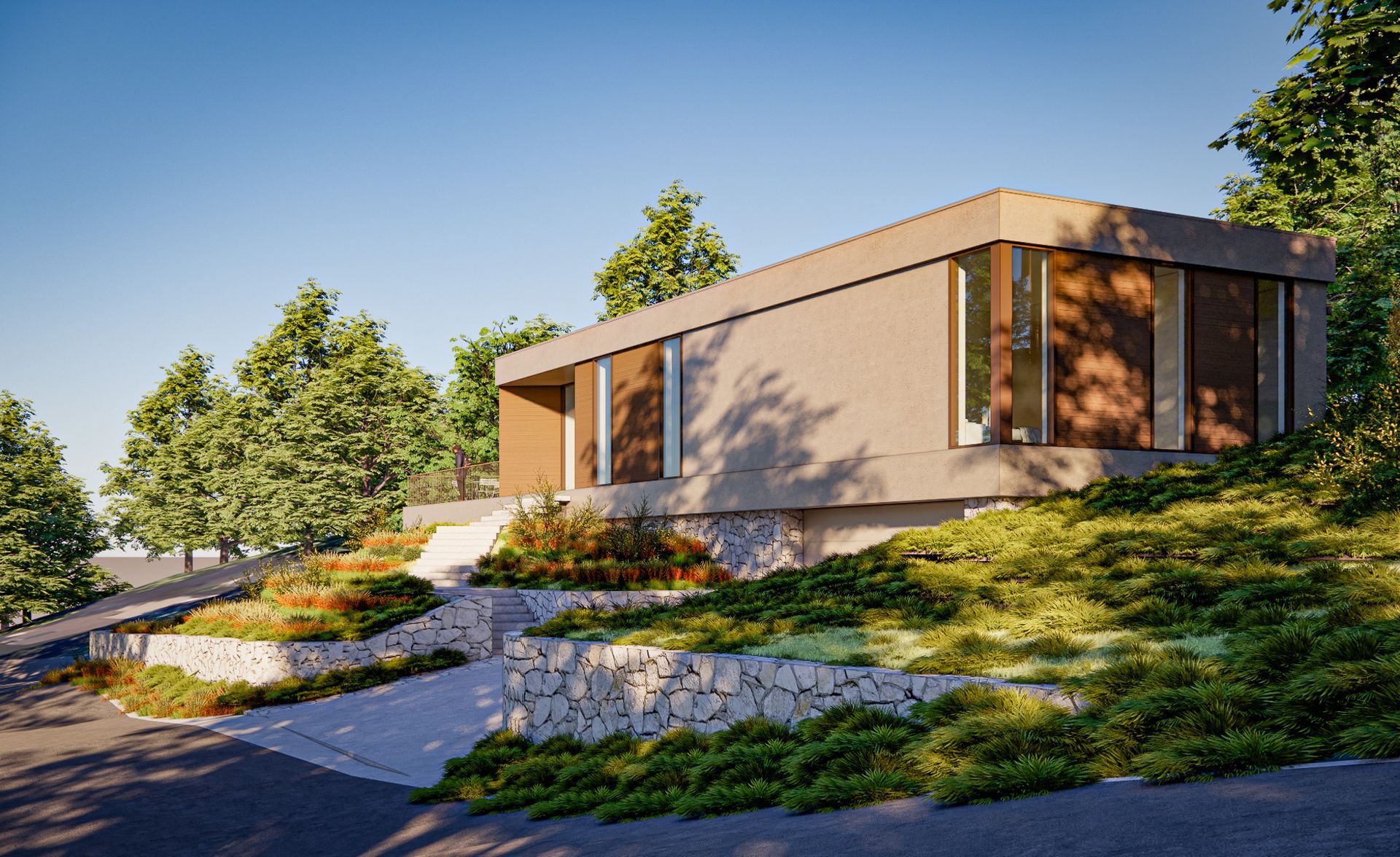 Side view of the home's wood-clad upper level above a landscaped hillside