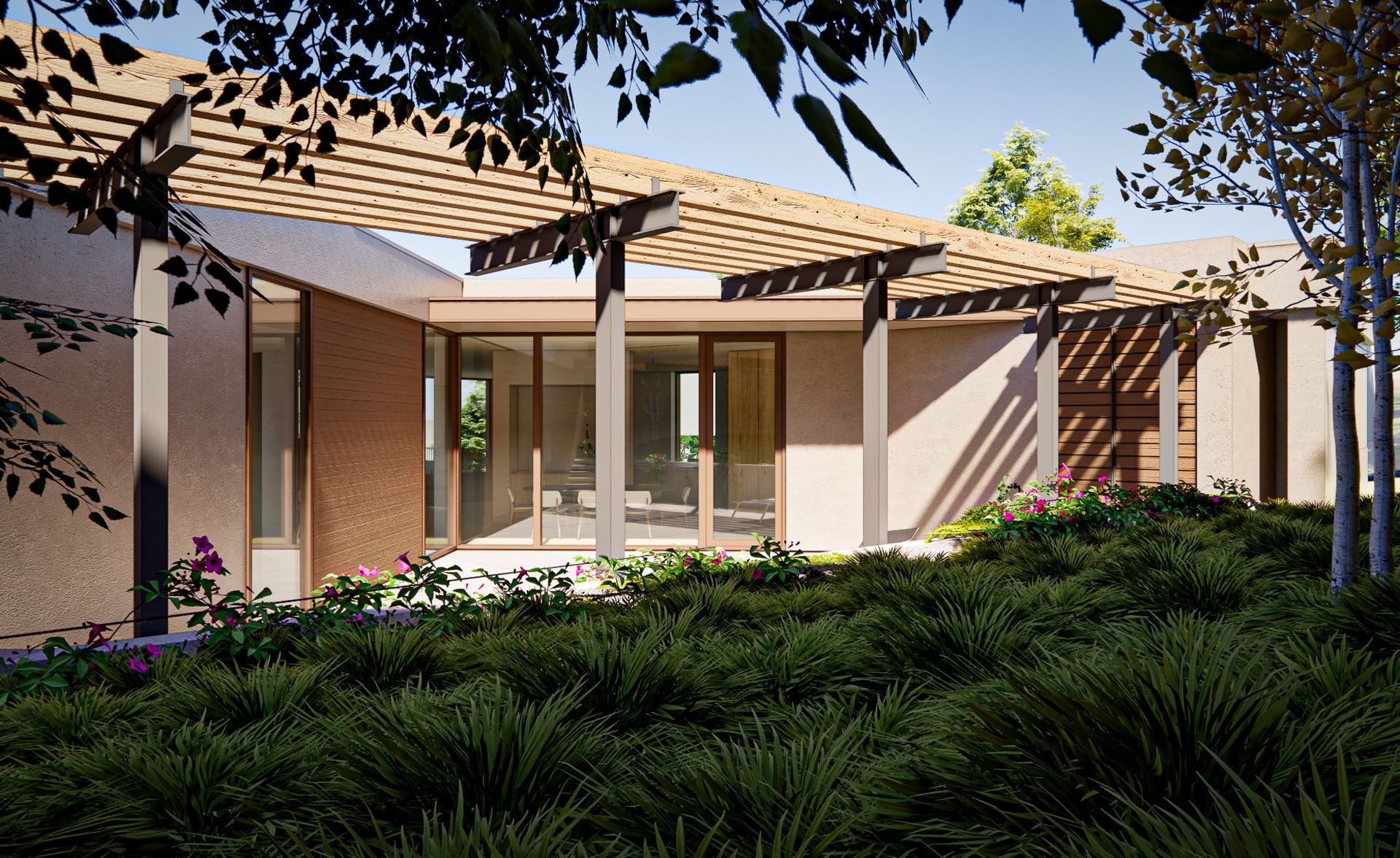 Covered porch with a wood pergola and wide glass doors