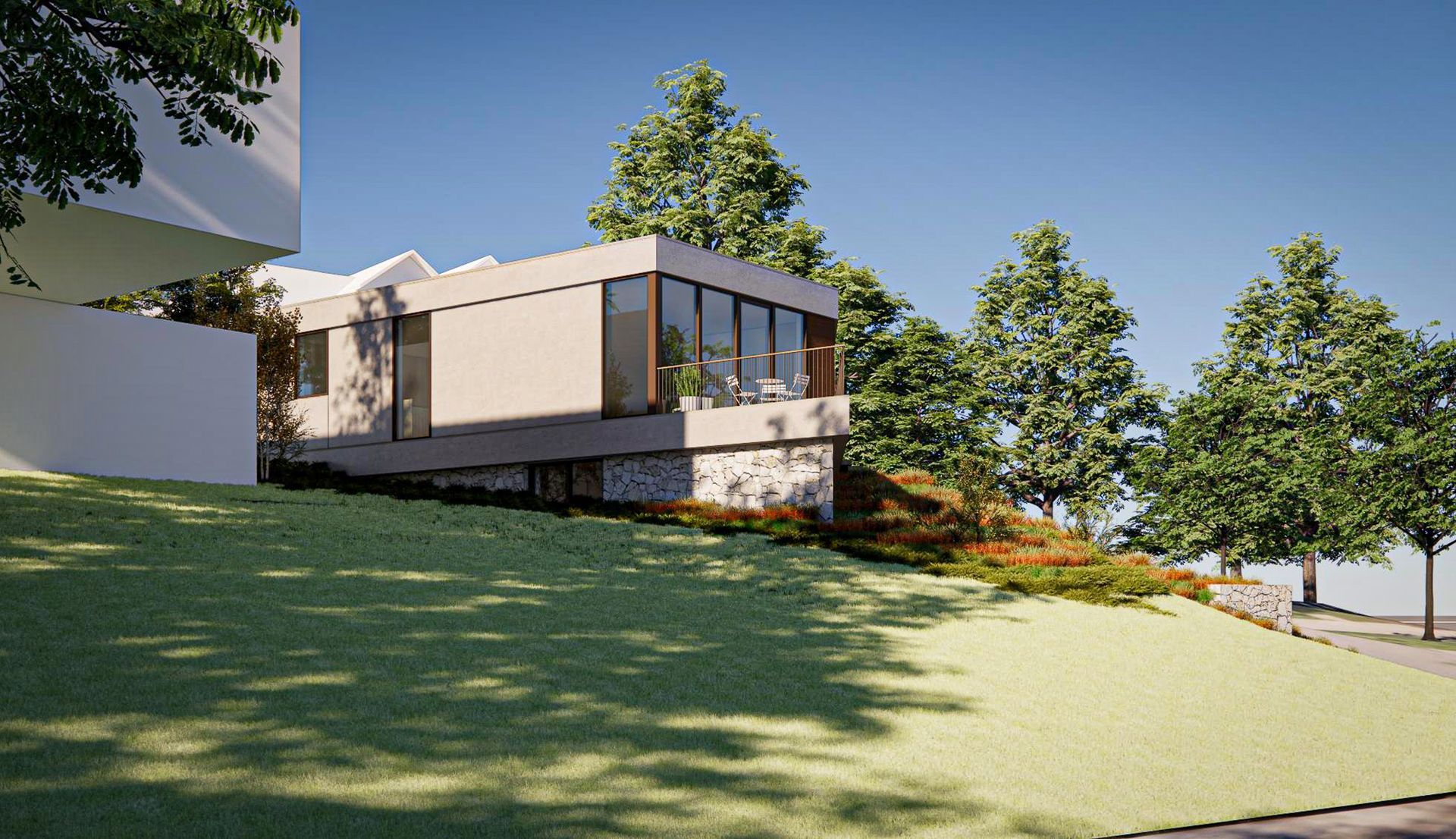 Modern hillside home with a cantilevered upper level surrounded by mature trees