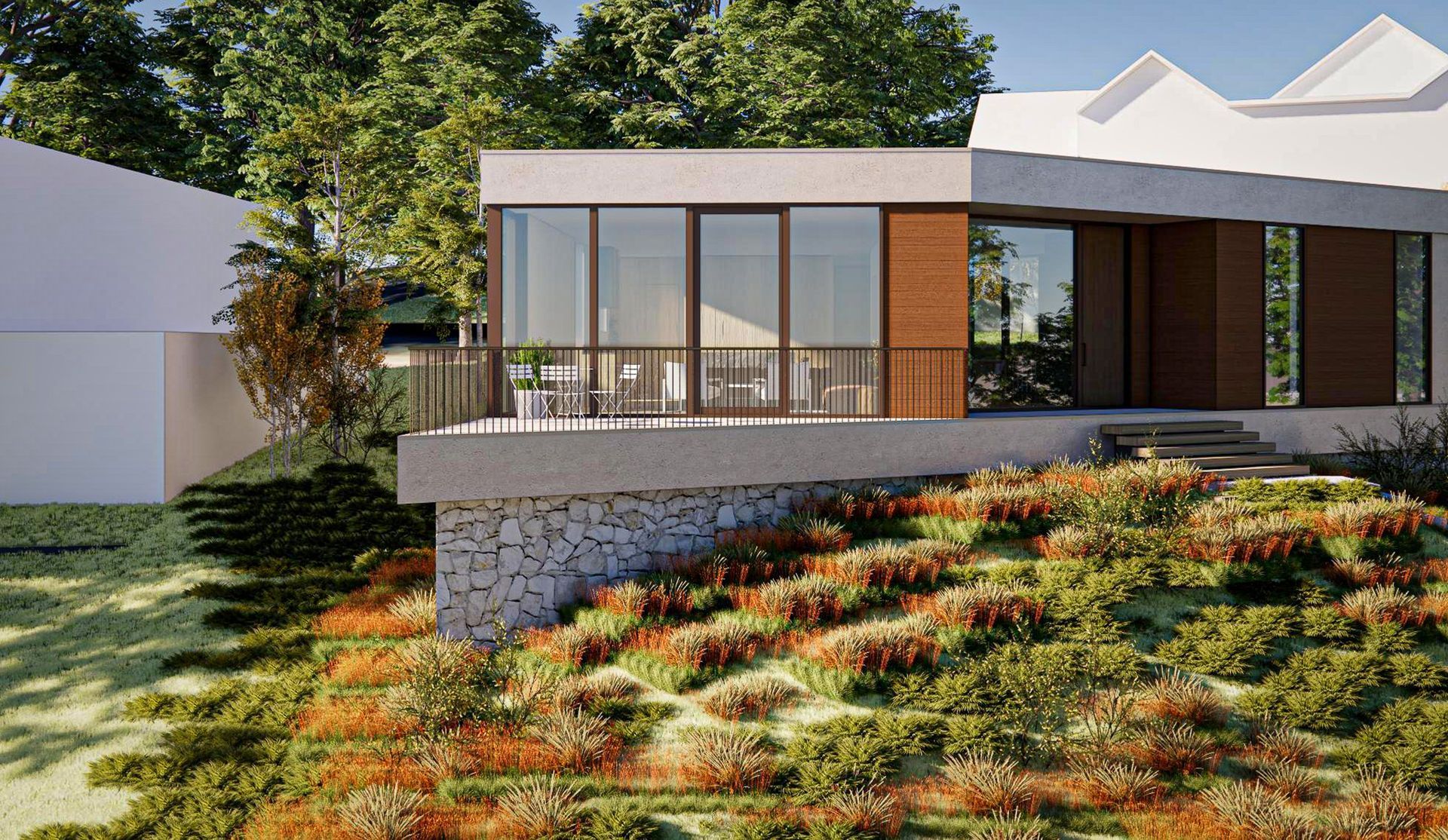 Hillside view of the home's stone base, glass walls, and native grasses