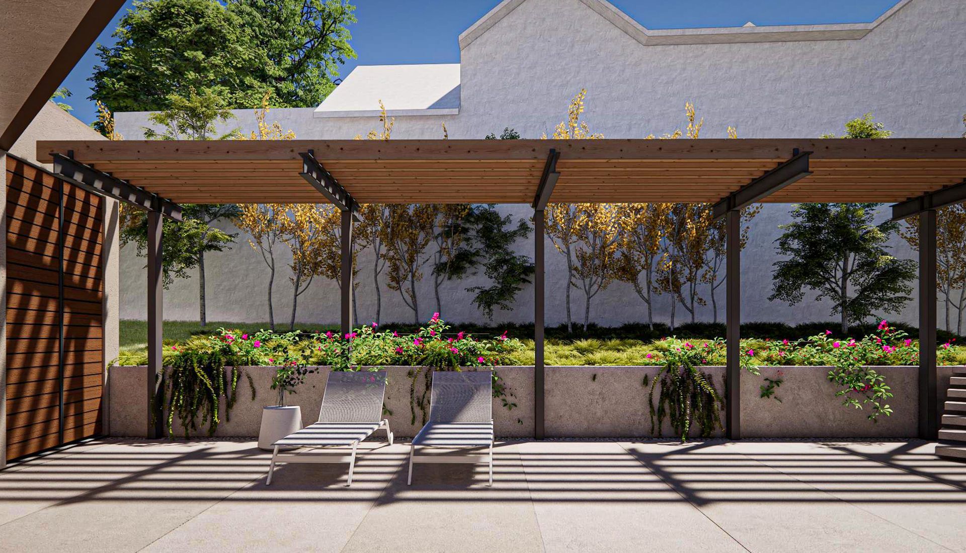Courtyard patio with a wood pergola and lounge chairs